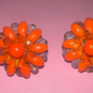 Vintage 1950s floral beaded orange clip on earrings West Germany